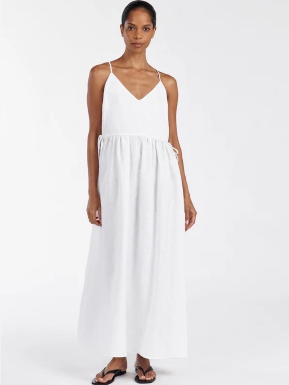 DISSH White V-Neck Maura Linen Maxi Dress with Side Ties